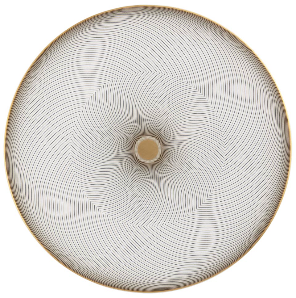 The Oskar Dinnerware by Raynaud features a circular design with intricate, concentric spiral lines radiating from the center and is elegantly finished with a slim gold rim for a mesmerizing geometric effect.