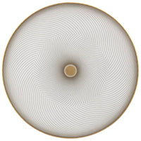 The Oskar Dinnerware by Raynaud features a circular design with intricate, concentric spiral lines radiating from the center and is elegantly finished with a slim gold rim for a mesmerizing geometric effect.