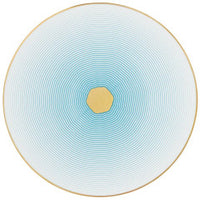 Raynaud’s Aura Dinnerware features a central gold irregular hexagon with thin blue concentric lines radiating outward on a white background, finished with a gold scalloped rim for a modern, elegant touch.