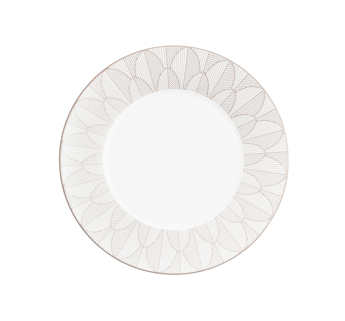 A round white plate from Christofle’s Malmaison Imperiale Porcelain Dinnerware Platinum collection, featuring a sophisticated geometric leaf pattern in platinum around the rim, is displayed against a plain white background. This elegant piece perfectly embodies Christofle’s signature blend of timeless refinement and contemporary design.
