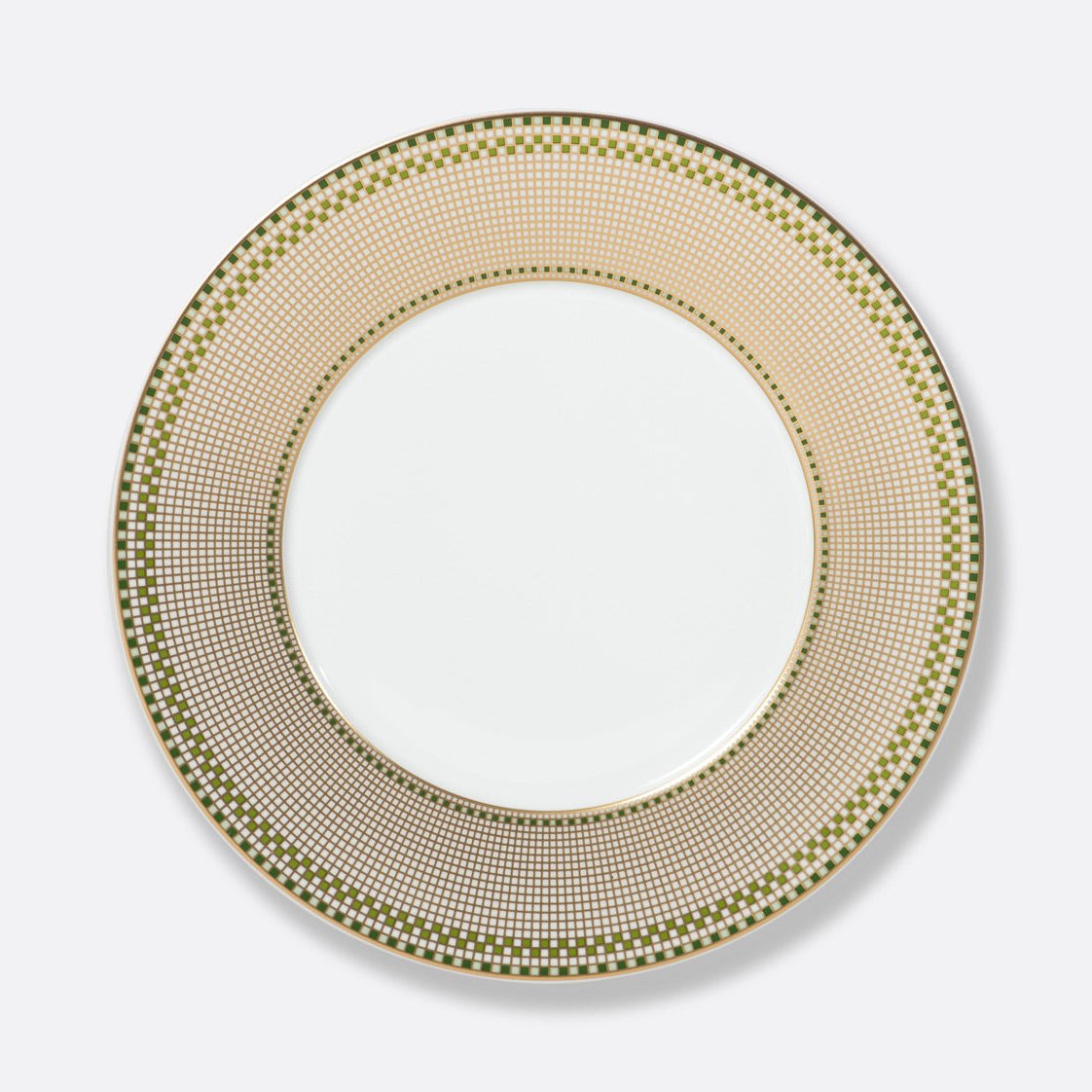 The Augusta Dinnerware plate by Bernardaud is a round white ceramic piece with a wide rim in a green and gold geometric Art Deco pattern, featuring a gold edge and plain white center.
