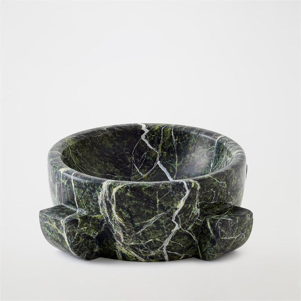 The Ravine Marble Dome Bowl 9″ by Global Views / Surya is a round, deep green bowl crafted from rainforest green marble featuring elegant white veining and supported by three chunky feet, shown on a plain white background.
