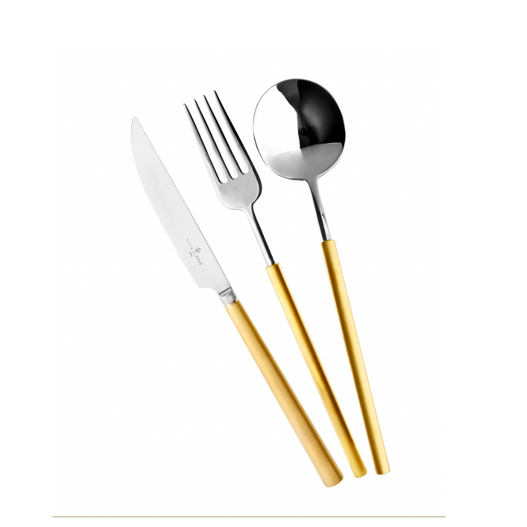 The Vista Alegre Domo Matt Gold Flatware 5 Piece Setting features elegant silver heads and gold-toned handles, including a knife, fork, and spoon, stylishly arranged on a white background.