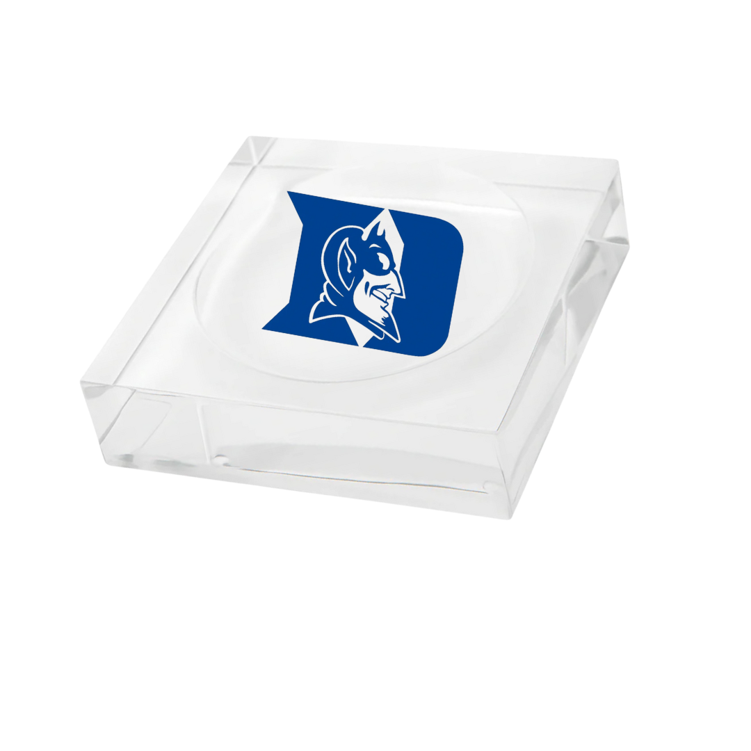 The Eye Candy College Sundry Jewelry/Catchall Dish displays the Duke University Blue Devils logo with the blue devil head inside a blue D on white—ideal as a college student gift or unique school tray addition.