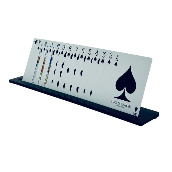 A full suit of spades playing cards from ace to king is displayed in order on the Luxe Canasta & More Card Rack by Luxe Dominoes—a sleek black holder perfect for keeping your hand organized during intense games.