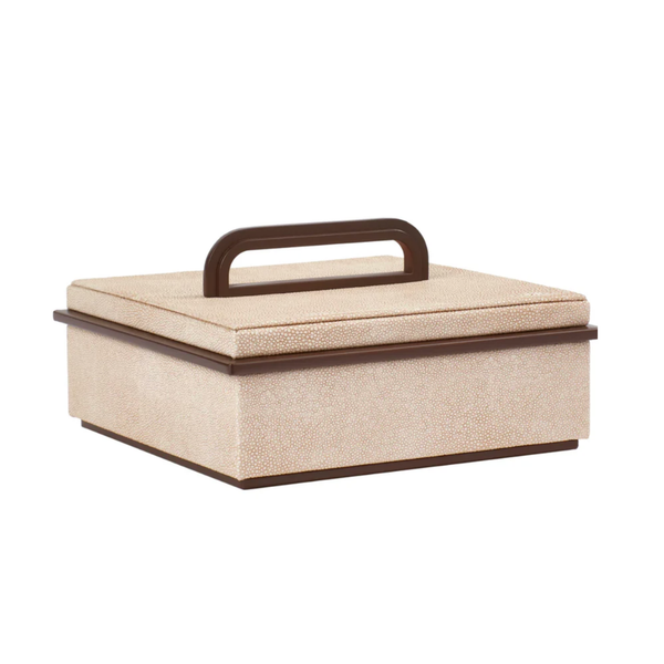The Addison Ross Faux Shagreen Box Ecru features a cream-toned square design with a fitted lid, a dark brown rectangular handle on top, and matching trim along the edges.