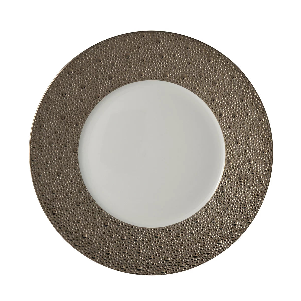 The Ecume Platinum Dinnerware by Bernardaud is a round white plate with a wide, textured metallic platinum rim of small raised dots—an elegant choice for contemporary table settings, shown from above on a white background.