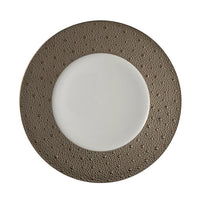 The Ecume Platinum Dinnerware by Bernardaud is a round white plate with a wide, textured metallic platinum rim of small raised dots—an elegant choice for contemporary table settings, shown from above on a white background.