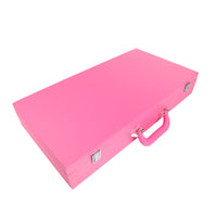 The Brouk & Co Ellen Mahjong Set - Pink is a closed rectangular set crafted from Saffiano Vegan Leather with a matching handle and silver clasps, photographed against a white background.