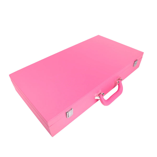 The Brouk & Co Ellen Mahjong Set - Pink is a closed rectangular set crafted from Saffiano Vegan Leather with a matching handle and silver clasps, photographed against a white background.