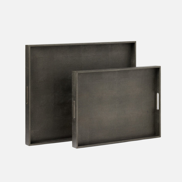Two Emery Rectangle Blue Grey Trays by Made Goods, featuring cut-out handles on the short sides, are stacked slightly offset against a plain white background.