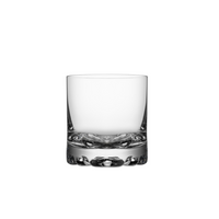 The Orrefors Kosta Boda Erik Barware Set of 4 features clear DOF glasses with a textured base, inspired by Scandinavian design, shown on a white background.
