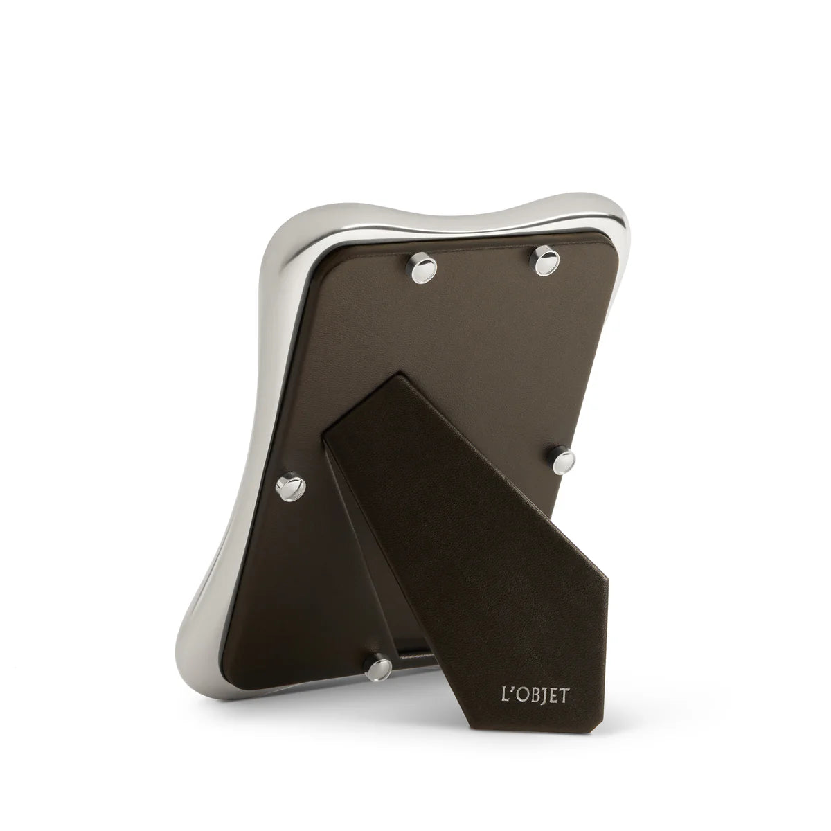 The Anton Frame Platinum by L'Objet is shown from the back, revealing a wavy platinum border, brown stand, and the L'Objet logo on its sturdy base for an added touch of luxury.