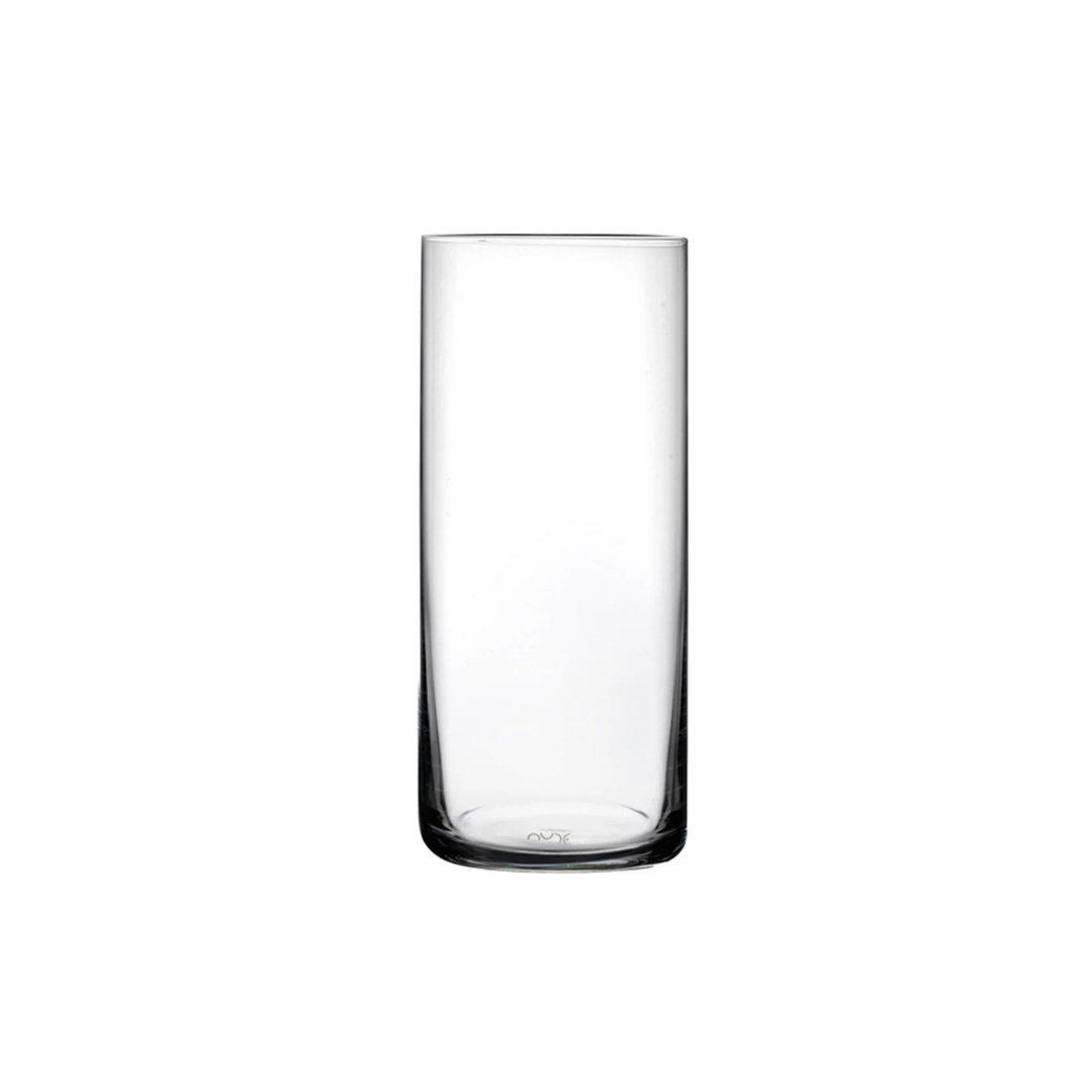 A set of four clear, cylindrical glass tumblers from the Finesse Barware collection by Nude Glassware stands upright on a white background, highlighting the refined elegance of premium whisky glasses.