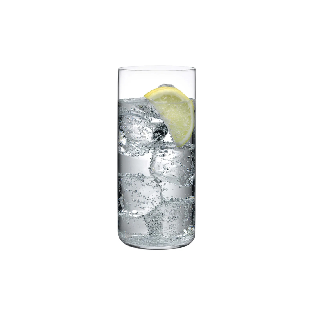 A clear, lead-free crystal glass from the Finesse Barware Set of 4 by Nude Glassware is filled with sparkling water, ice cubes, and a lemon slice, set against a plain white background.