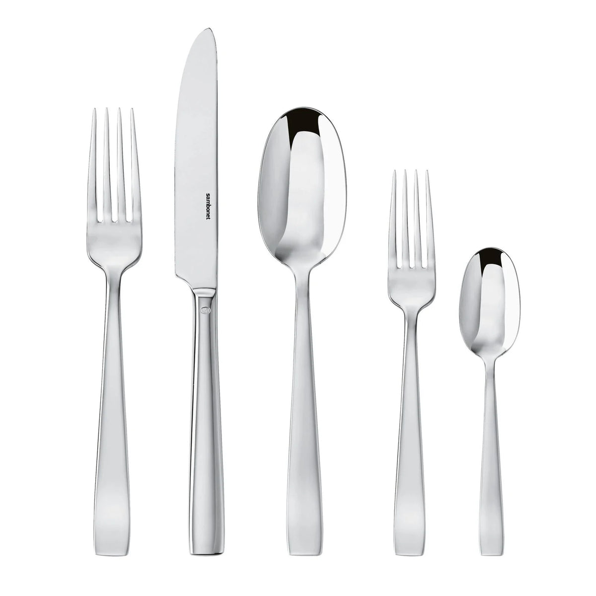 The Sambonet Flat Flatware 5 Piece Setting in stainless steel features a dinner fork, dinner knife, soup spoon, salad fork, and teaspoon—all with sleek modern handles and a mirror-effect finish.