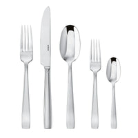 The Sambonet Flat Flatware 5 Piece Setting in stainless steel features a dinner fork, dinner knife, soup spoon, salad fork, and teaspoon—all with sleek modern handles and a mirror-effect finish.