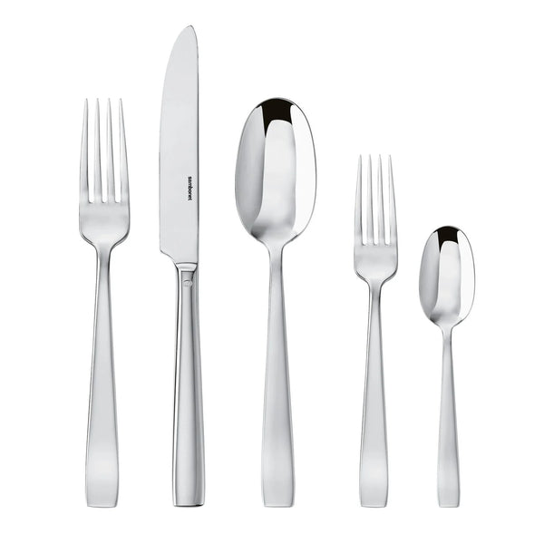 The Sambonet Flat Flatware 5 Piece Setting in stainless steel features a dinner fork, dinner knife, soup spoon, salad fork, and teaspoon—all with sleek modern handles and a mirror-effect finish.
