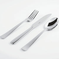 The Sambonet Flat Flatware 5 Piece Setting in stainless steel, featuring a mirror-effect finish, is arranged side by side on a white background.