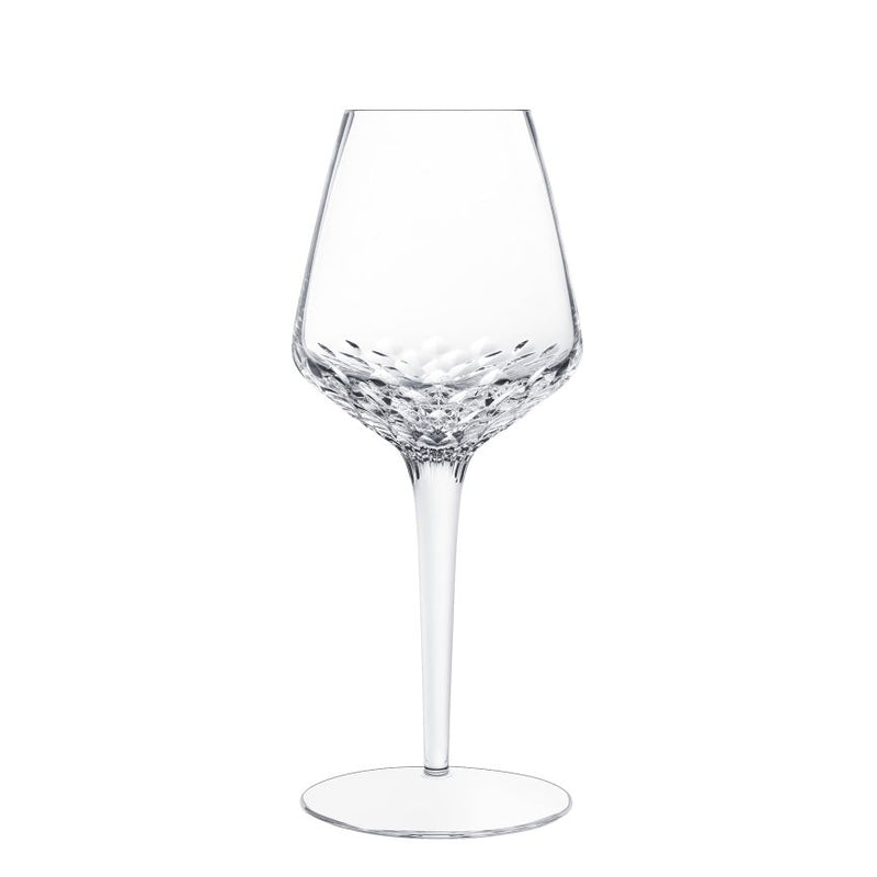 A clear, empty Folia Stemware crystal wine glass by Saint-Louis/Hermès, featuring a tall stem and a textured, patterned bowl that is expertly hand-cut and mouthblown, displayed against a plain white background.