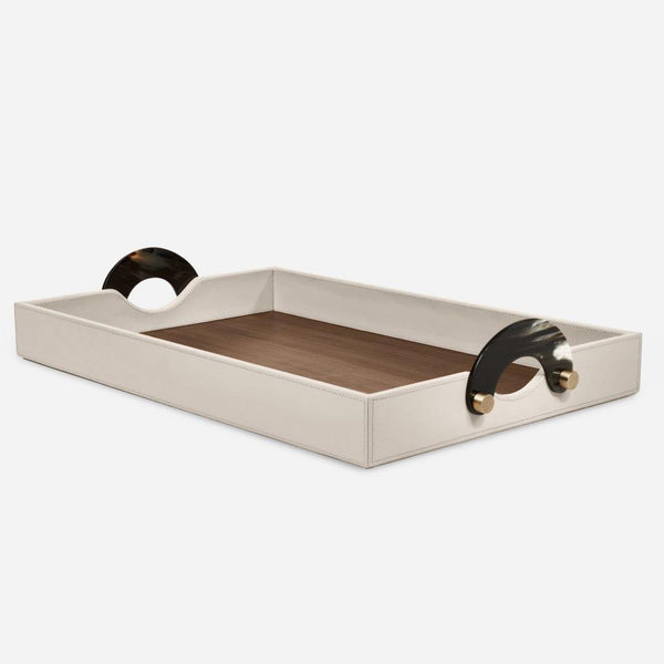 The Luho Maeve Rectangle Tray features a walnut wooden base, cream-colored sides, and two curved dark handles with gold accents, combining elegance and functionality on any surface.