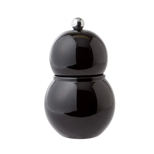 The Addison Ross Chubbie Bobbin Salt or Pepper Shaker features a glossy black rubber wood finish, rounded double-sphere shape, and a metallic knob on top, displayed against a plain white background.