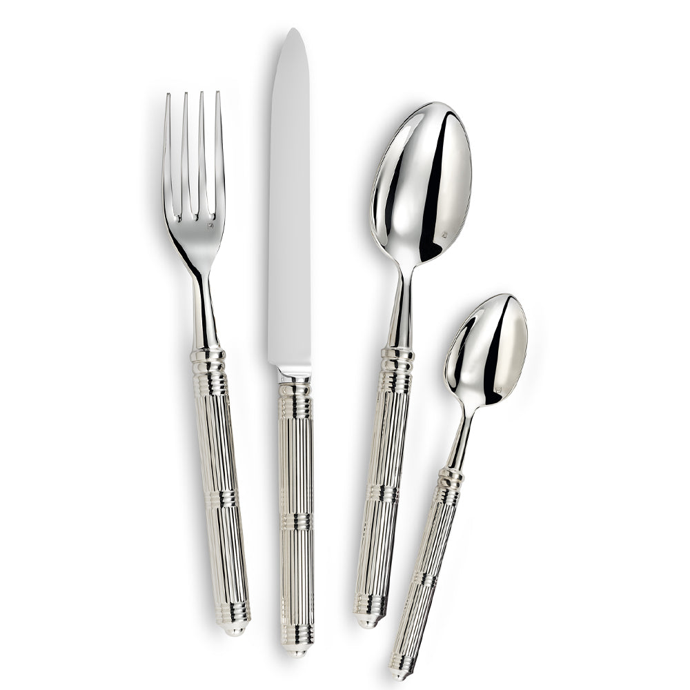 The Alain Saint-Joanis Gatsby 5 Piece Setting in silver plate features textured handles and includes a fork, knife, tablespoon, teaspoon, and dessert spoon, elegantly arranged on a white background for luxury dining.