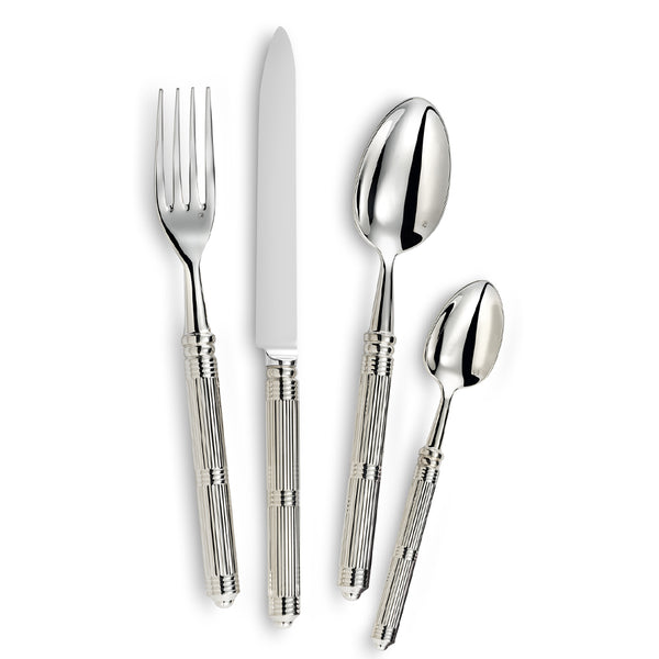 The Alain Saint-Joanis Gatsby 5 Piece Setting in silver plate features textured handles and includes a fork, knife, tablespoon, teaspoon, and dessert spoon, elegantly arranged on a white background for luxury dining.