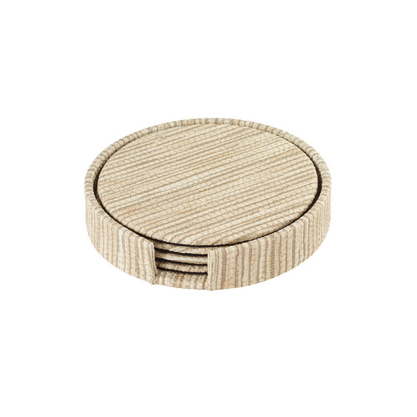 The Bodrum Grasscloth Coaster Set of 4 features round, beige-striped, phthalate-free vinyl coasters in a matching holder with an open front for easy access.