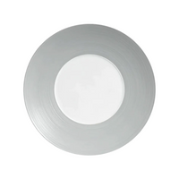 A round, silver charger plate with a white center from JL Coquet, inspired by Hemisphere Dinnerware Grey and the elegance of Limoges porcelain.