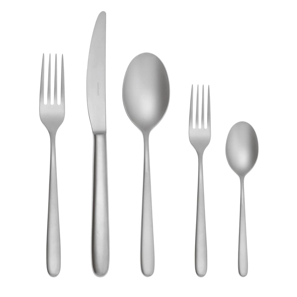 The Sambonet Hannah Antico Flatware 5 Piece Setting features a dinner fork, dinner knife, soup spoon, salad fork, and teaspoon with simple handles, arranged in a row on a white background.