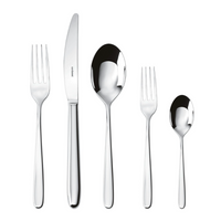 The Sambonet Hannah Flatware 5 Piece Setting in stainless steel features a dinner fork, knife, soup spoon, salad fork, and teaspoon arranged neatly on a white background.