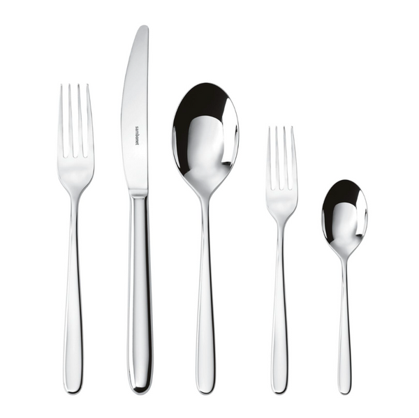 The Sambonet Hannah Flatware 5 Piece Setting in stainless steel features a dinner fork, knife, soup spoon, salad fork, and teaspoon arranged neatly on a white background.