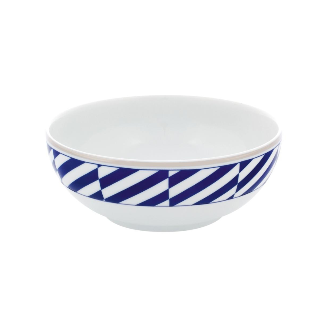 The Vista Alegre Harvard Dinnerware bowl features a blue and white diagonal striped geometric rim in New England style, crafted from white porcelain and shown against a plain white background.