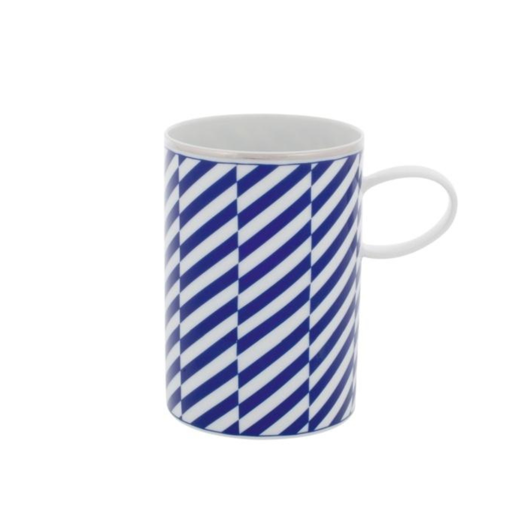 The Vista Alegre Harvard Dinnerware white ceramic mug with a handle features a blue and white diagonal striped pattern, evoking classic New England style and pairing beautifully with porcelain dinnerware.
