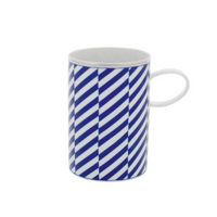 The Vista Alegre Harvard Dinnerware white ceramic mug with a handle features a blue and white diagonal striped pattern, evoking classic New England style and pairing beautifully with porcelain dinnerware.