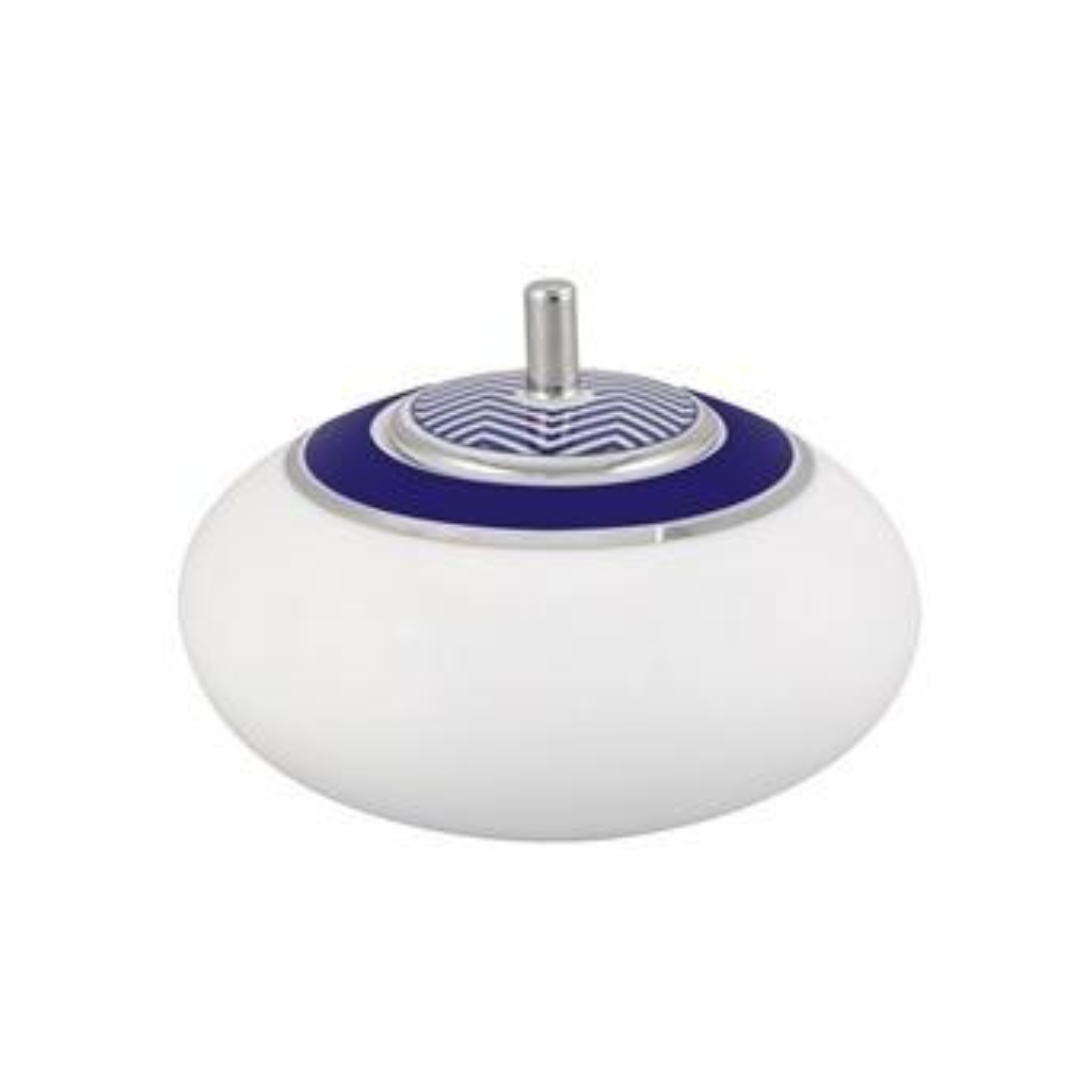 The Harvard Dinnerware by Vista Alegre features a stylish, round design with a white base, silver accents, and blue and silver stripes, drawing inspiration from classic New England style.