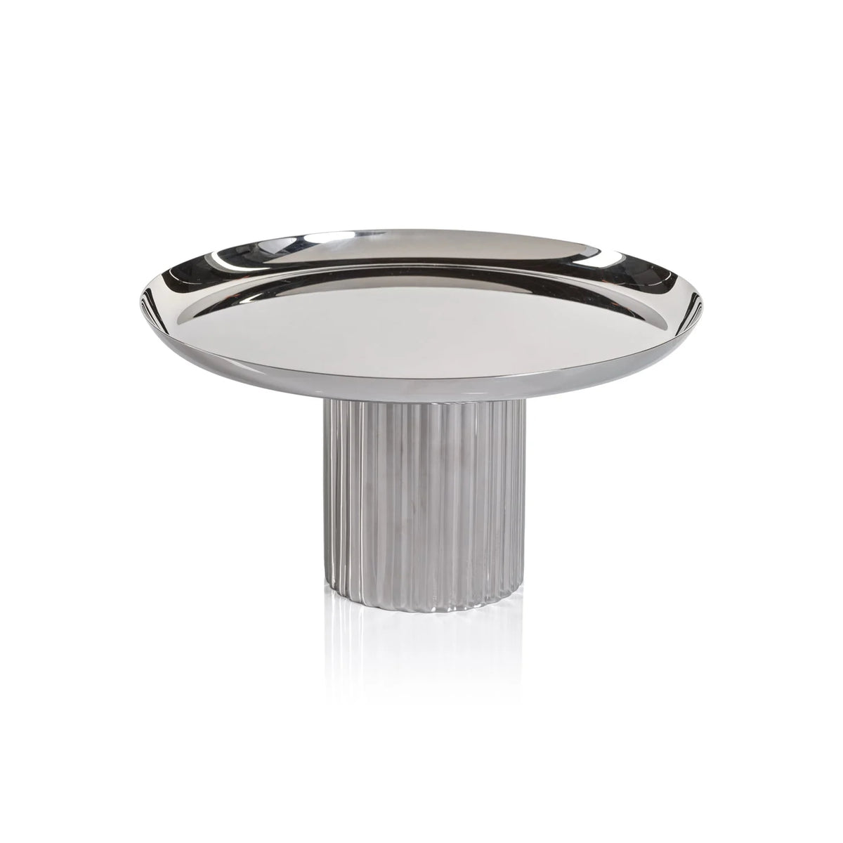 Zodax Polished Nickel Cake Stand with a wide, flat top and a thick, fluted cylindrical base.