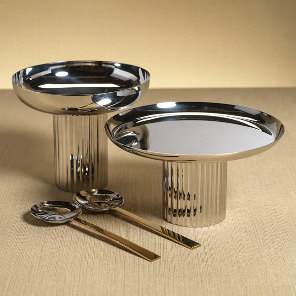 Two Polished Nickel Cake Stand pedestal stands and two matching spoons.