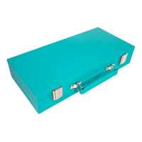 The Mini Travel Mahjong Set by Brouk & Co is a turquoise rectangular portable case with a handle and two silver latches, shown on a white background.
