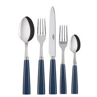 The Sabre Icone Flatware 5 Piece Setting features 18/10 stainless steel with dark blue handles, including a large spoon, fork, knife, salad fork, and small spoon—all displayed upright side by side.