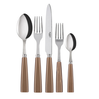The Sabre Icone Flatware 5 Piece Setting features a tablespoon, dinner fork, knife, salad fork, and teaspoon with brown handles and silver 18/10 stainless steel tops, displayed side by side on a white background.