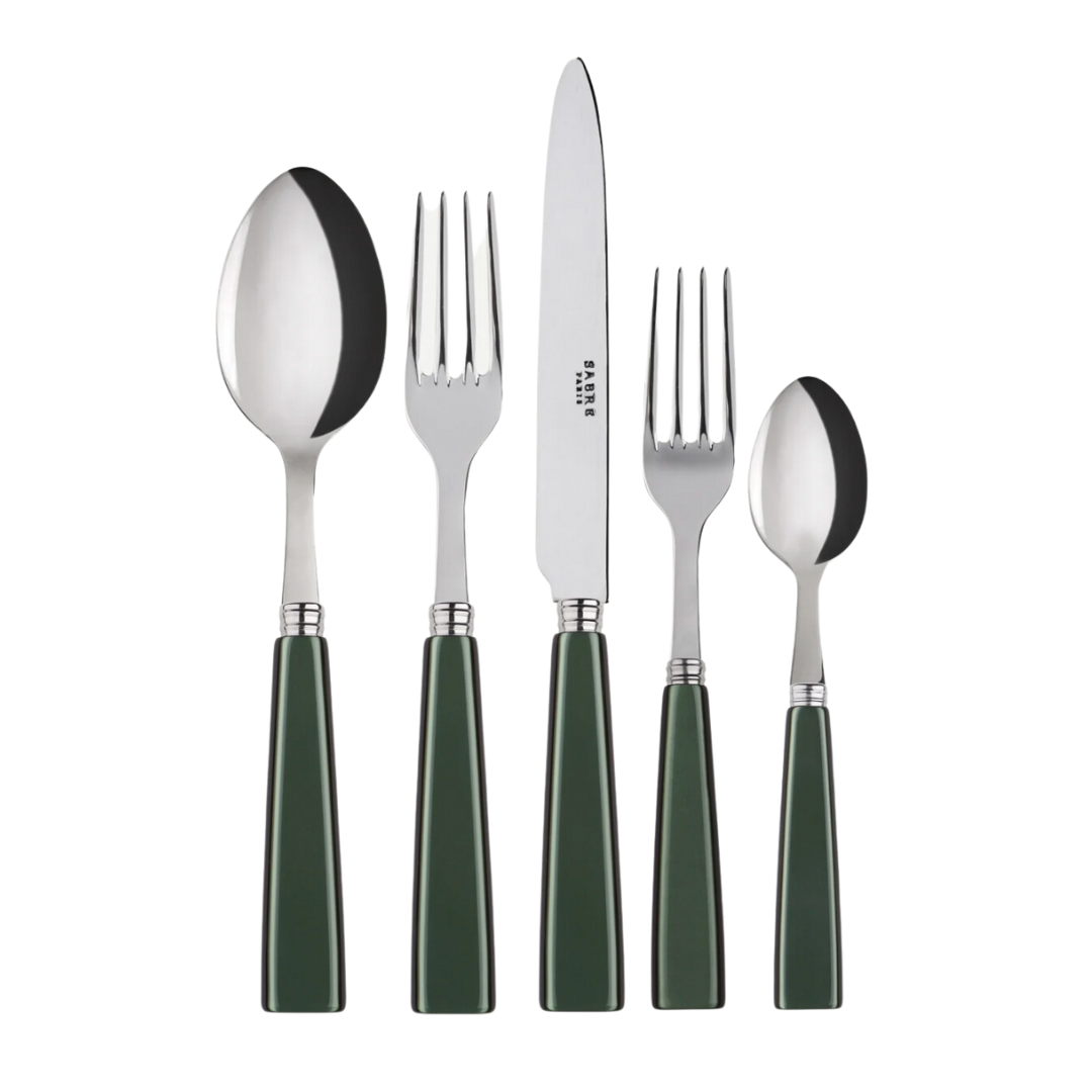 The Sabre Icone Flatware 5 Piece Setting, featuring dark green handles and made of 18/10 stainless steel, includes a dinner fork, salad fork, knife, large spoon, and small spoon arranged on a white background.