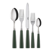 The Sabre Icone Flatware 5 Piece Setting, featuring dark green handles and made of 18/10 stainless steel, includes a dinner fork, salad fork, knife, large spoon, and small spoon arranged on a white background.