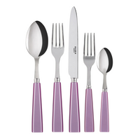 The Sabre Icone Flatware 5 Piece Setting features shiny 18/10 stainless steel heads and purple handles, including a tablespoon, dinner fork, knife, salad fork, and teaspoon—all upright on a white background.