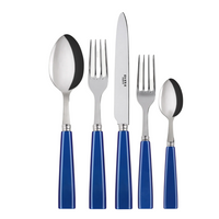 The Sabre Icone Flatware 5 Piece Setting includes a tablespoon, two forks, a knife, and a teaspoon with glossy blue handles, all crafted from shiny 18/10 stainless steel and displayed side by side on a white background.