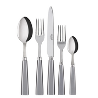 The Sabre Icone Flatware 5 Piece Setting includes a soup spoon, dinner fork, dinner knife, salad fork, and teaspoon with silver handles—crafted from 18/10 stainless steel and arranged side by side.