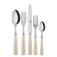 The Sabre Icone Flatware 5 Piece Setting features cream handles and 18/10 stainless steel. Includes a tablespoon, table fork, dinner knife, dessert fork, and teaspoon displayed on a white background.