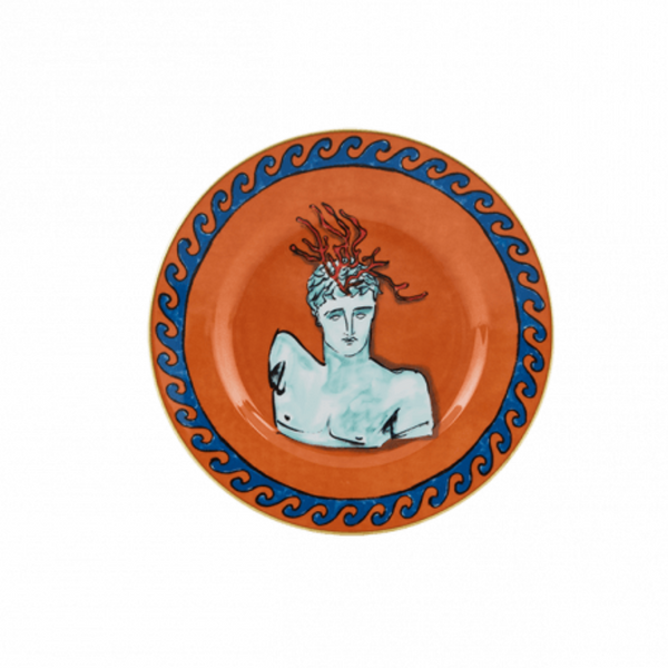 The Ginori 1735 Il Viaggio Di Nettuno Dessert Plate - Rock Orange features an orange and blue wavy border and a classical bust with red serpentine Medusa hair set against an orange background.