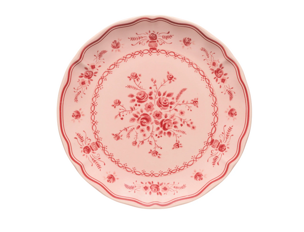 Vila Pink / Red Dessert Plate in pink stoneware with a scalloped edge and a red floral pattern.